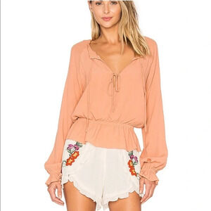 Lovers + Friends Holiday Top Tan Tie Front Blouse Pink Elastic Waist Ruffle